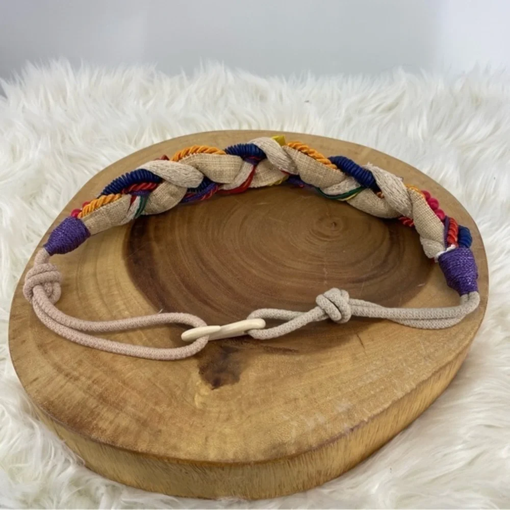 Vintage 80s 90s Beach Coral‎ Fish Wooden Rope Woven Waist Belt with Hook Loop M